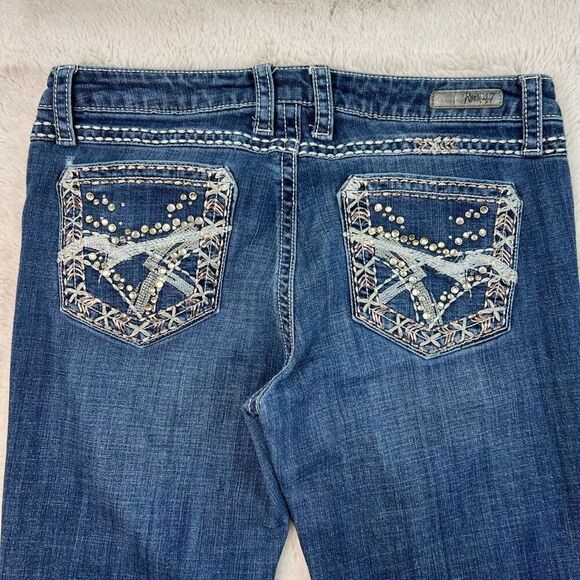 Wrangler Rock 47 Bootcut Low Rise Jeans Womens 30x32 Blue Whiskers Bling Cowgirl - Picture 7 of 11